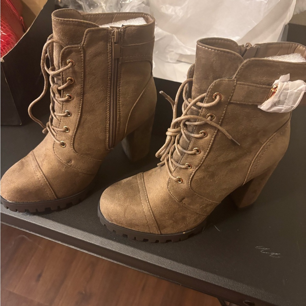 Fashion Nova Taupe Lace-Up Heeled Boots